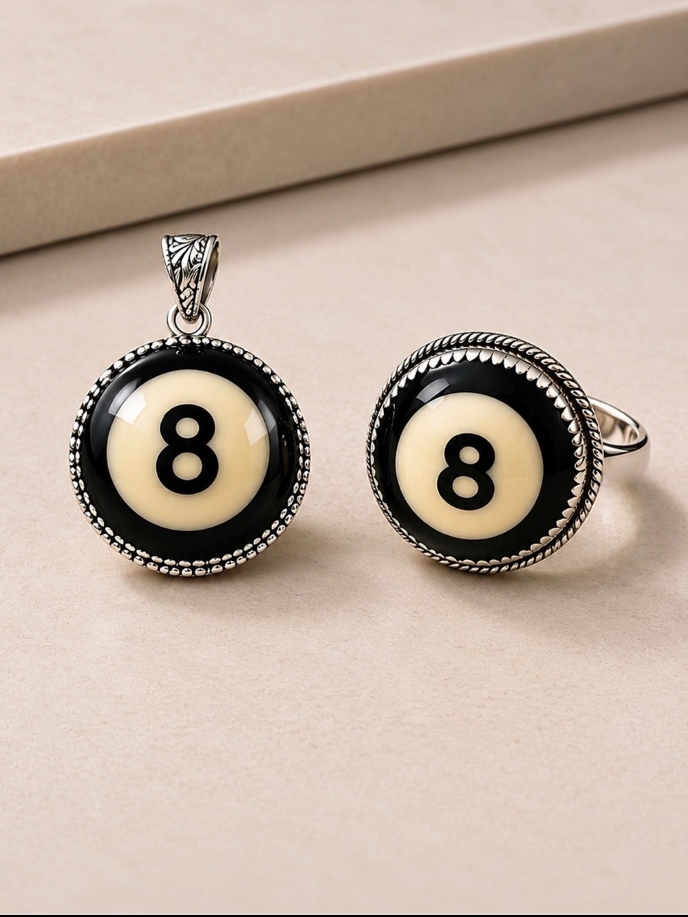 Sterling Silver 8-Ball Ring & Pendant Set – New Boutique Item 🎱